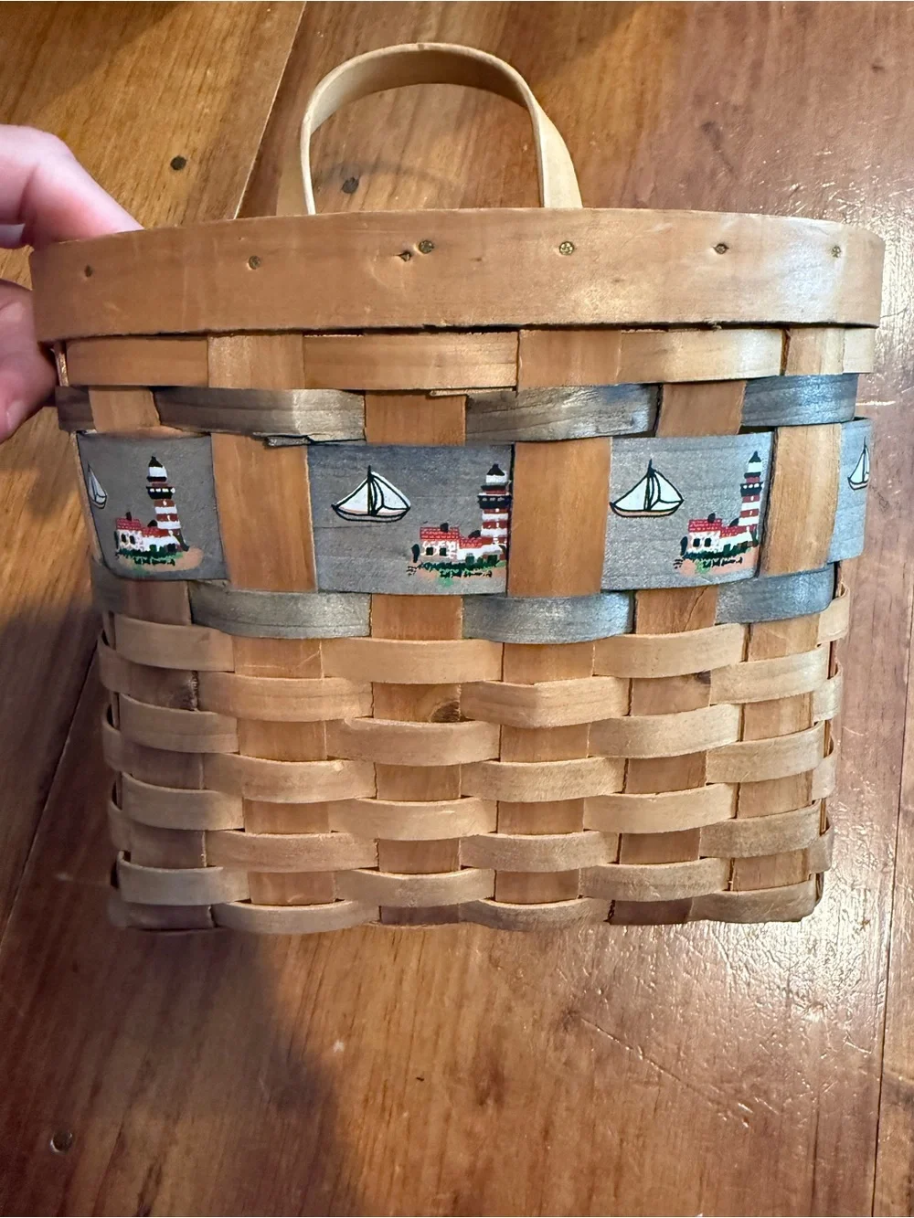 Coastal Ribbon Accent Basket in Natural and Gray - Unbranded